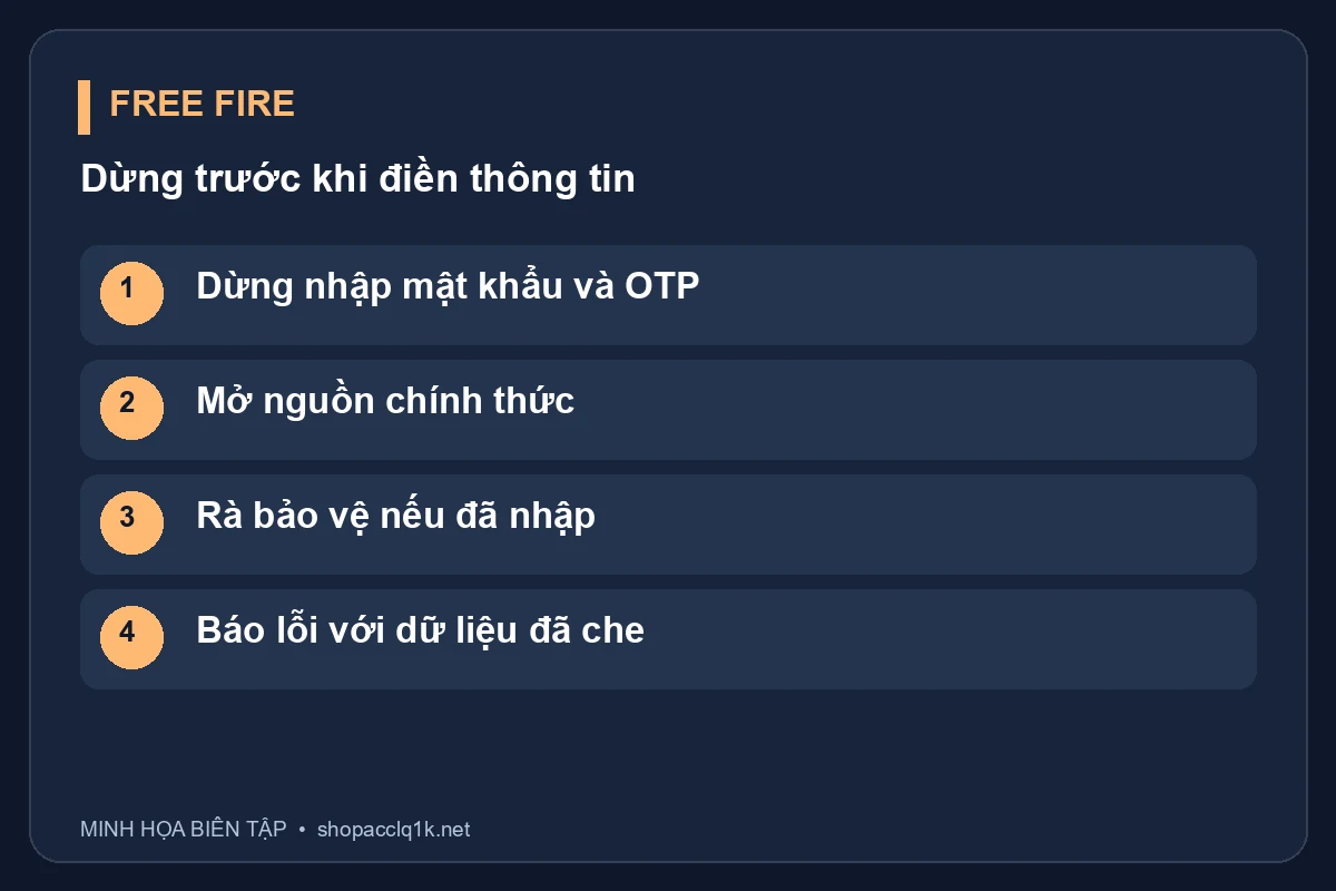 Dừng nhập mật khẩu và OTP; Mở nguồn chính thức; Rà bảo vệ nếu đã nhập; Báo lỗi với dữ liệu đã che